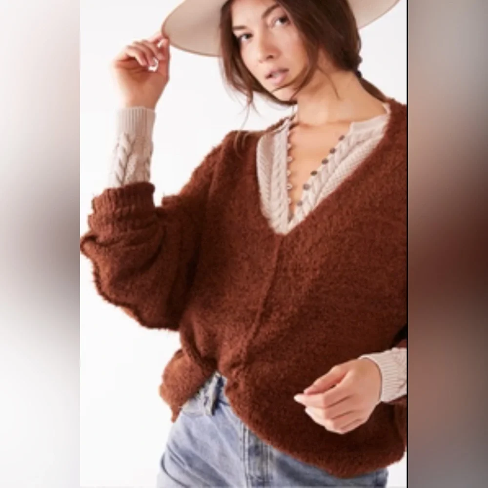 Free People Icing V-Neck Knit Sweater Mocha Java‎ Brown